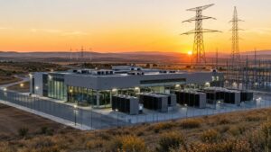 Centro de datos con torres eléctricas al fondo en Aragón