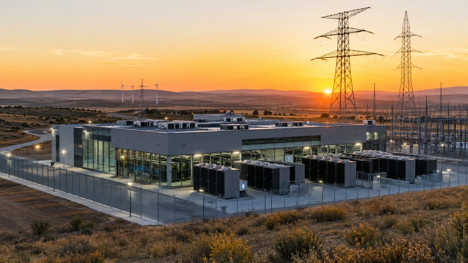 Centro de datos con torres eléctricas al fondo en Aragón