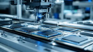 Chips de memoria para IA en una fábrica de semiconductores.