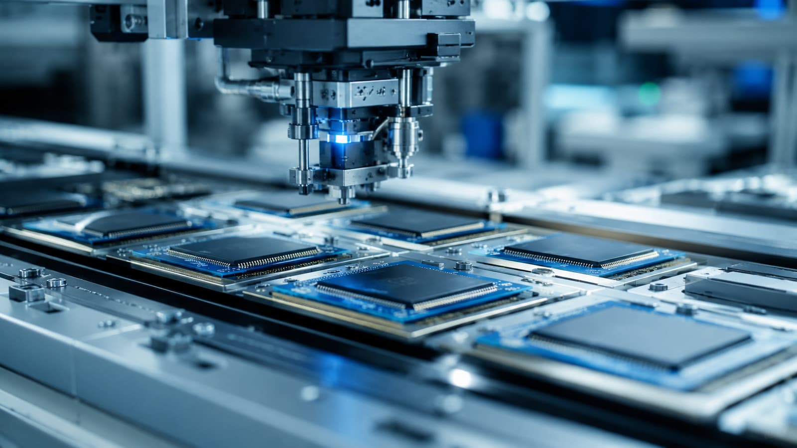 Chips de memoria para IA en una fábrica de semiconductores.