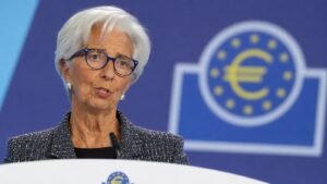 Christine Lagarde durante una rueda de prensa del BCE sobre tipos de interés
