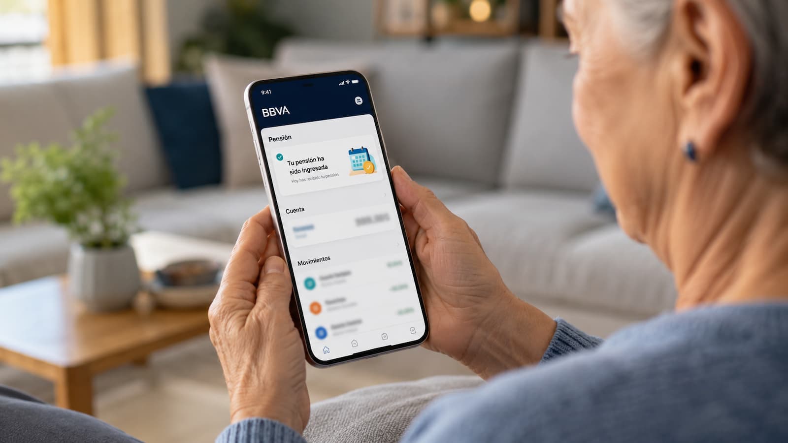 Cliente consultando en la app de BBVA el ingreso de la pensión.