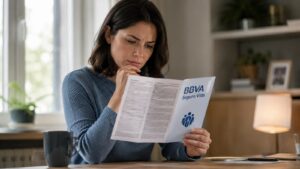 Cliente revisa la letra pequeña de una promoción de Seguro Vida BBVA.