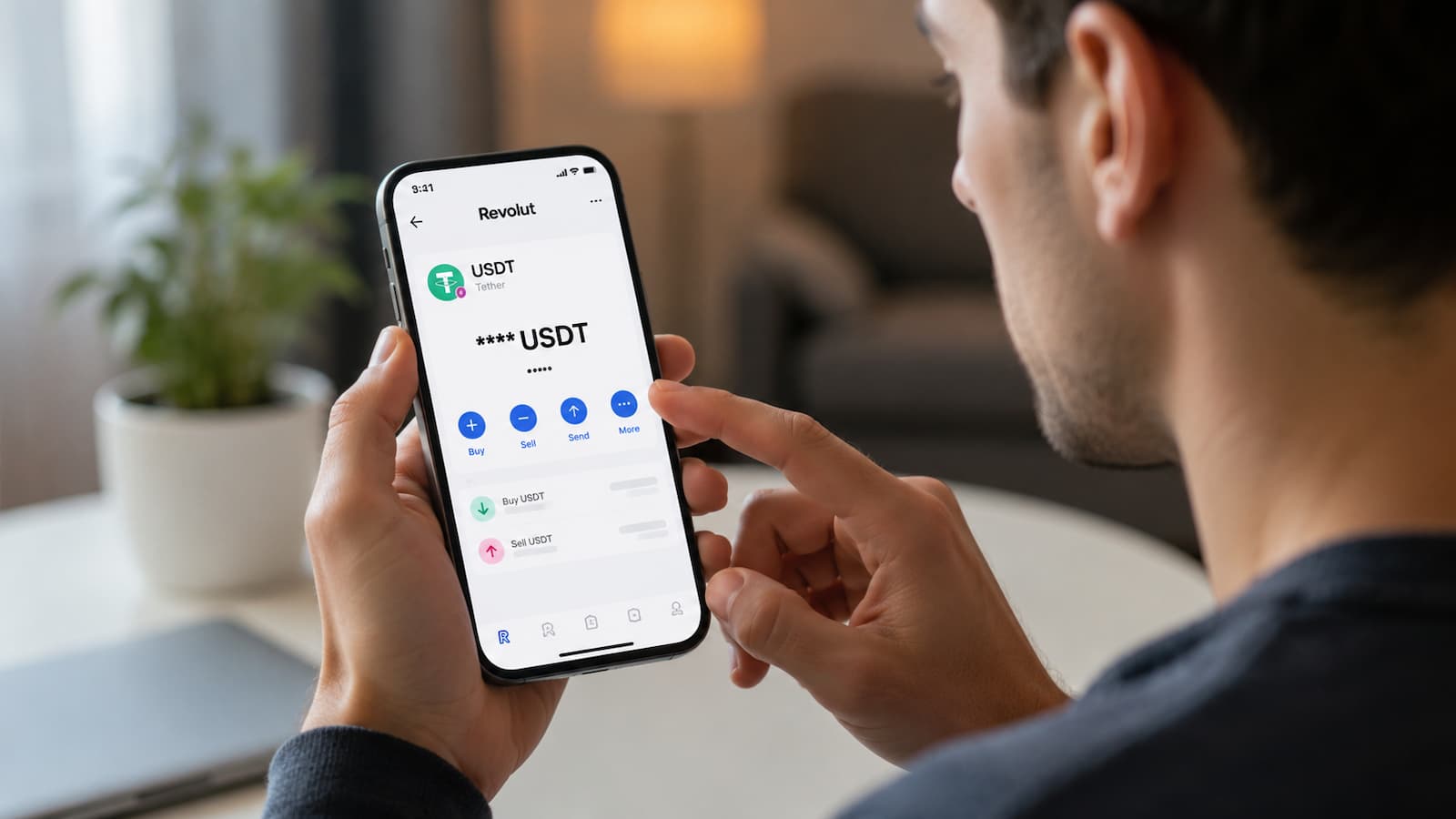 Cliente revisando USDT en la app de Revolut antes del cambio