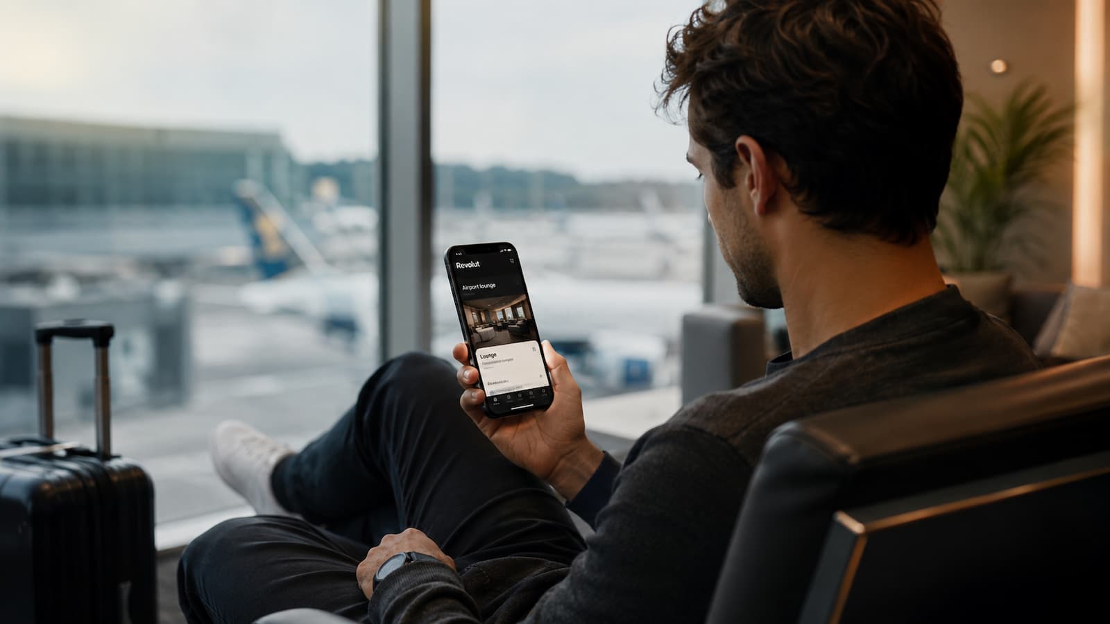 Cliente revisando en la app de Revolut el acceso a salas VIP antes de viajar