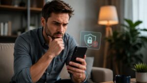 Cliente revisando la app bancaria tras un aviso de seguridad