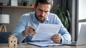 Cliente revisando la letra pequeña de una hipoteca con seguro vinculado
