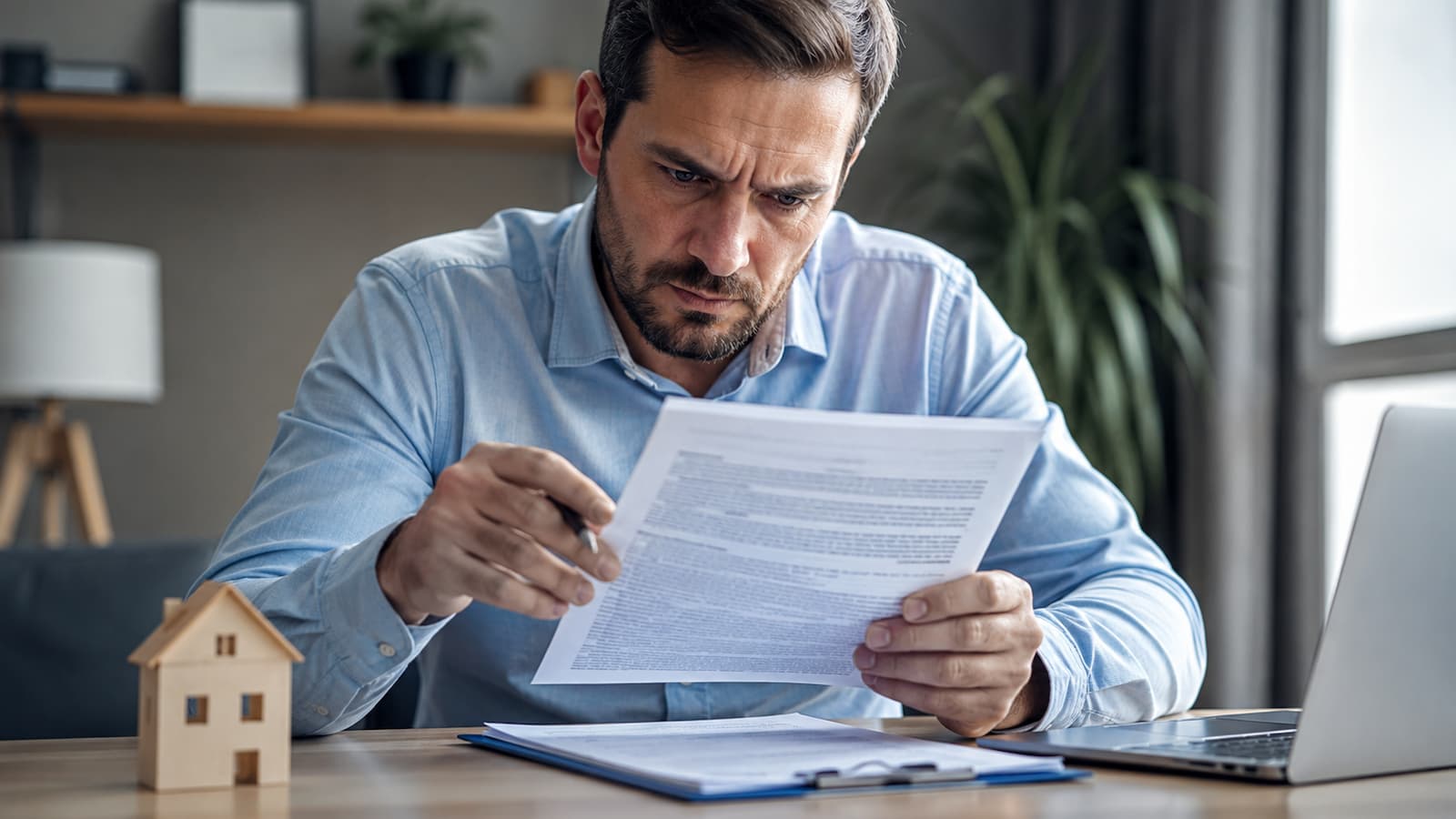Cliente revisando la letra pequeña de una hipoteca con seguro vinculado