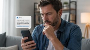 Cliente revisando un SMS sospechoso que suplanta a BBVA en su móvil