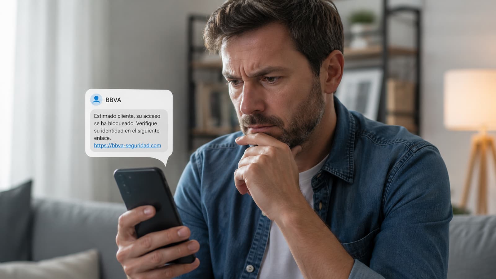 Cliente revisando un SMS sospechoso que suplanta a BBVA en su móvil