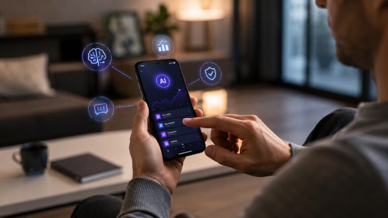 Cliente usando una app bancaria con funciones de inteligencia artificial.