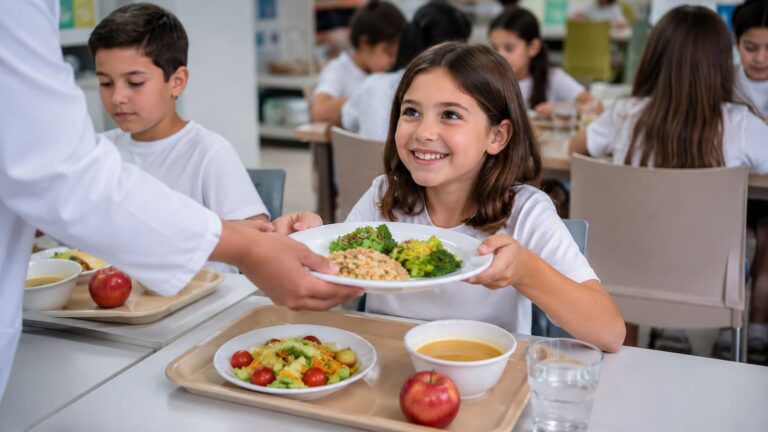 Comedor escolar con menú saludable servido a alumnos.