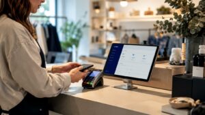 Comercio revisando pagos con TPV y plataforma digital de BBVA.