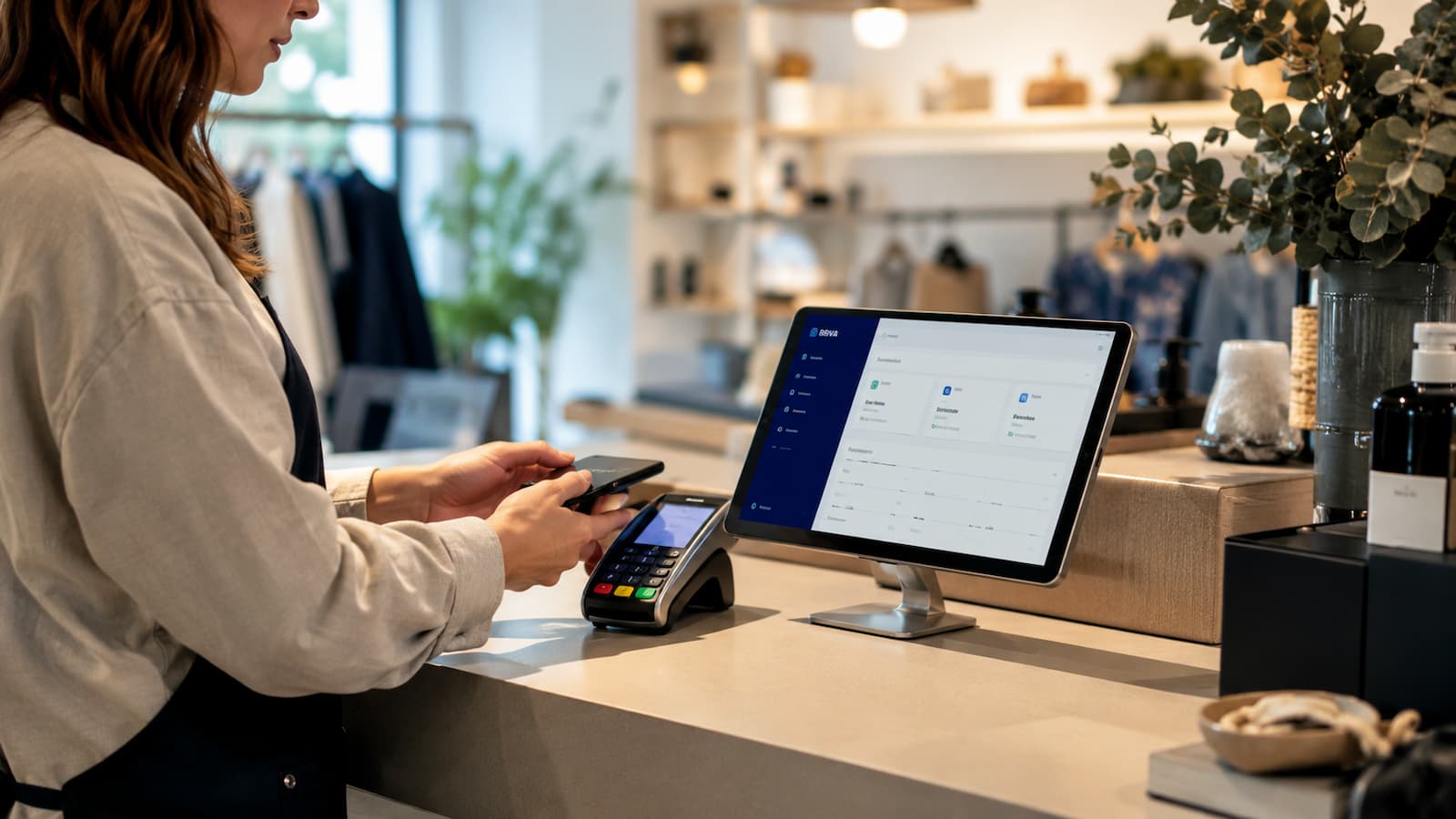 Comercio revisando pagos con TPV y plataforma digital de BBVA.