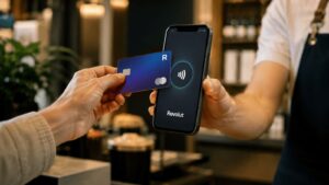 Comercio usando un iPhone para aceptar un pago contactless con Revolut Business