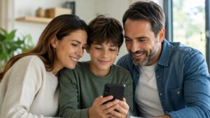 Familia revisando una cuenta de menor en una app bancaria.