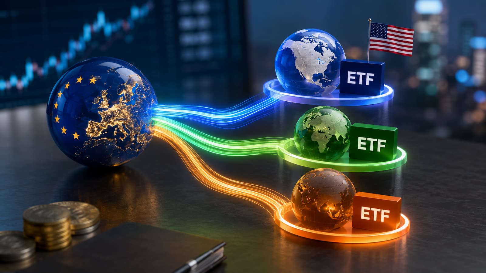 Flujos europeos hacia ETF globales estadounidenses y emergentes