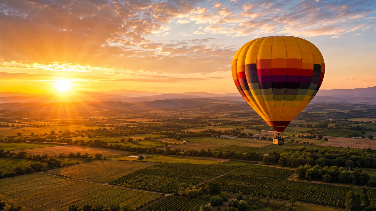 Globo aerostático sobre una zona rural con cultivos al amanecer
