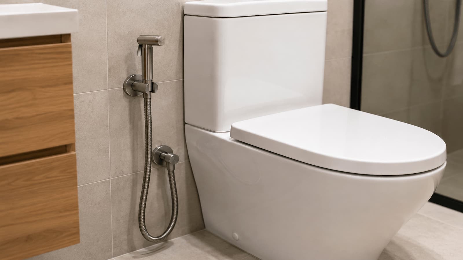 Grifo auxiliar instalado junto a un inodoro en un baño reformado