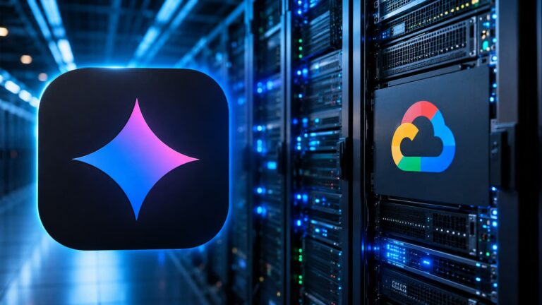Icono de Gemini y servidores de IA de Google en una composición tecnológica