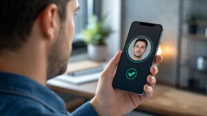 Identificación digital en banca móvil con verificación biométrica.
