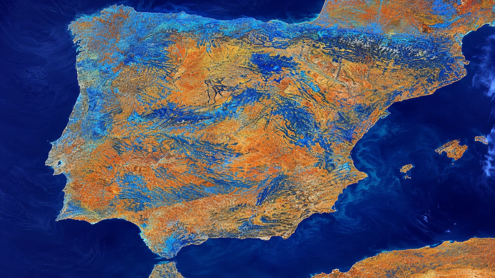 Imagen satelital de la Península Ibérica con lectura en falso color los tonos azules pueden representar agua humedad sedimentos u otros datos captados por sensores espaciales.