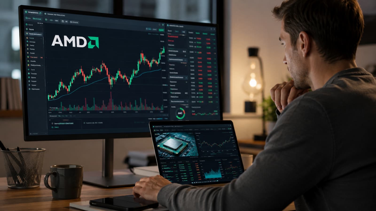 Inversor analizando acciones de AMD y semiconductores en una plataforma online
