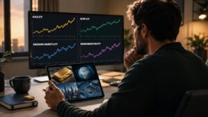 Inversor comparando oro ACWI emergentes y semiconductores en ETFs