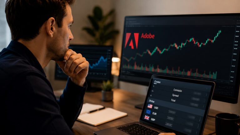 Inversor revisando Adobe costes y divisa antes de comprar acciones en Nasdaq.