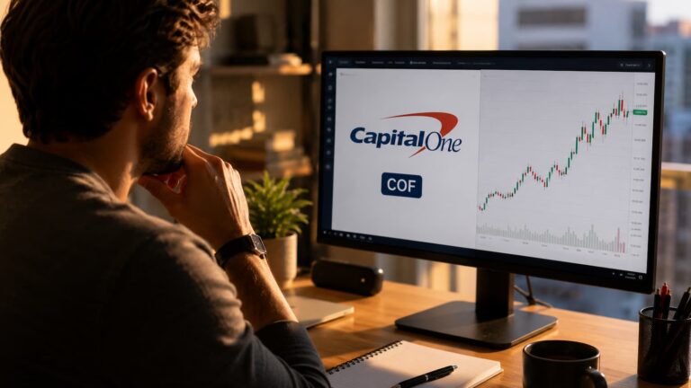 Inversor revisando Capital One ticker COF antes de comprar acciones estadounidenses.