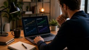 Inversor revisando ETFs de oro emergentes ACWI y semiconductores.