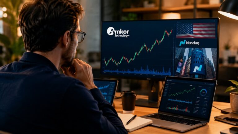 Inversor revisando acciones de Amkor Technology antes de comprar en el Nasdaq.