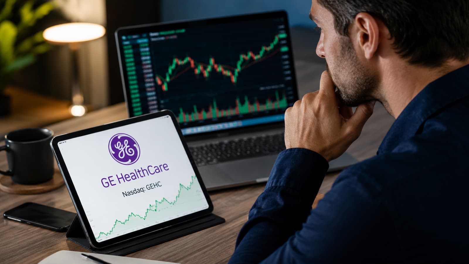 Inversor revisando acciones de GE HealthCare antes de comprar en Nasdaq.