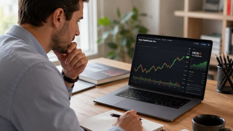 Inversor revisando acciones de HCA Healthcare antes de operar en bolsa.