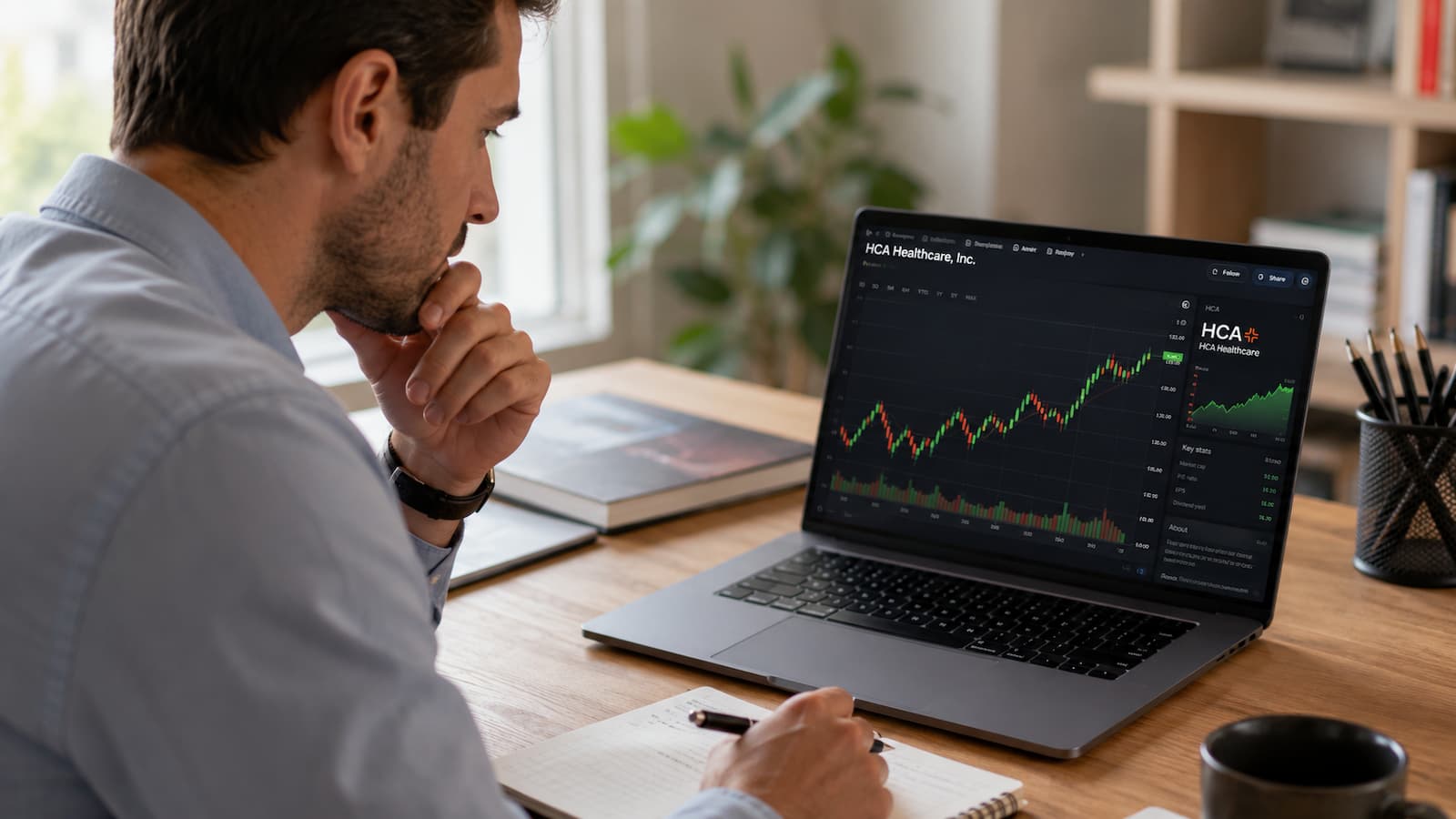 Inversor revisando acciones de HCA Healthcare antes de operar en bolsa.