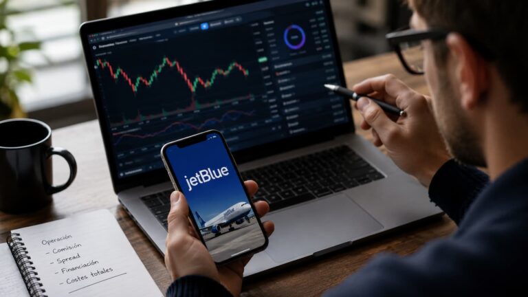 Inversor revisando acciones de JetBlue y costes antes de operar.