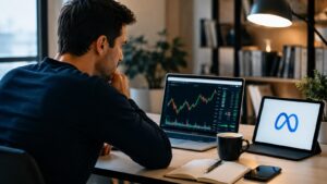Inversor revisando acciones de Meta antes de comprar desde un broker online.