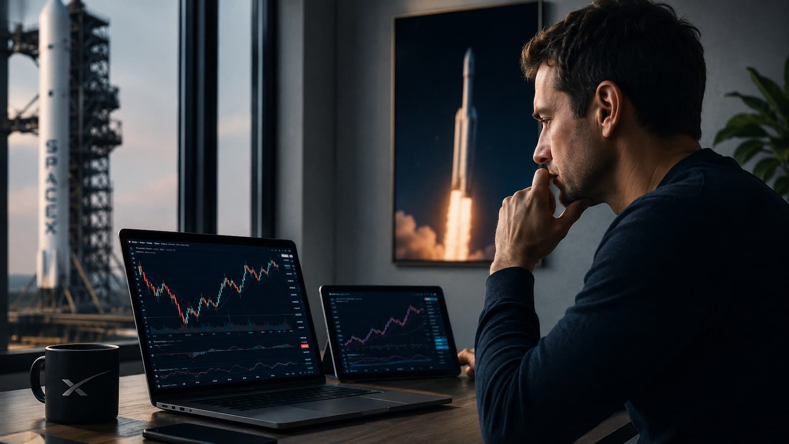 Inversor revisando acciones de SpaceX antes de comprar en bolsa.