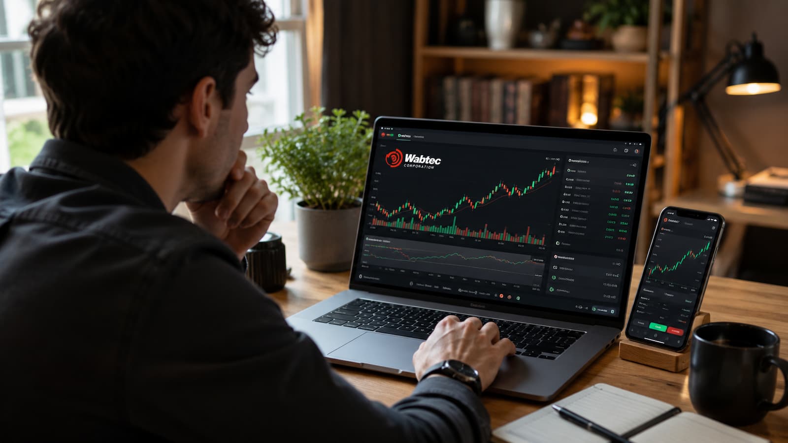 Inversor revisando acciones de Wabtec antes de comprar desde un broker online.