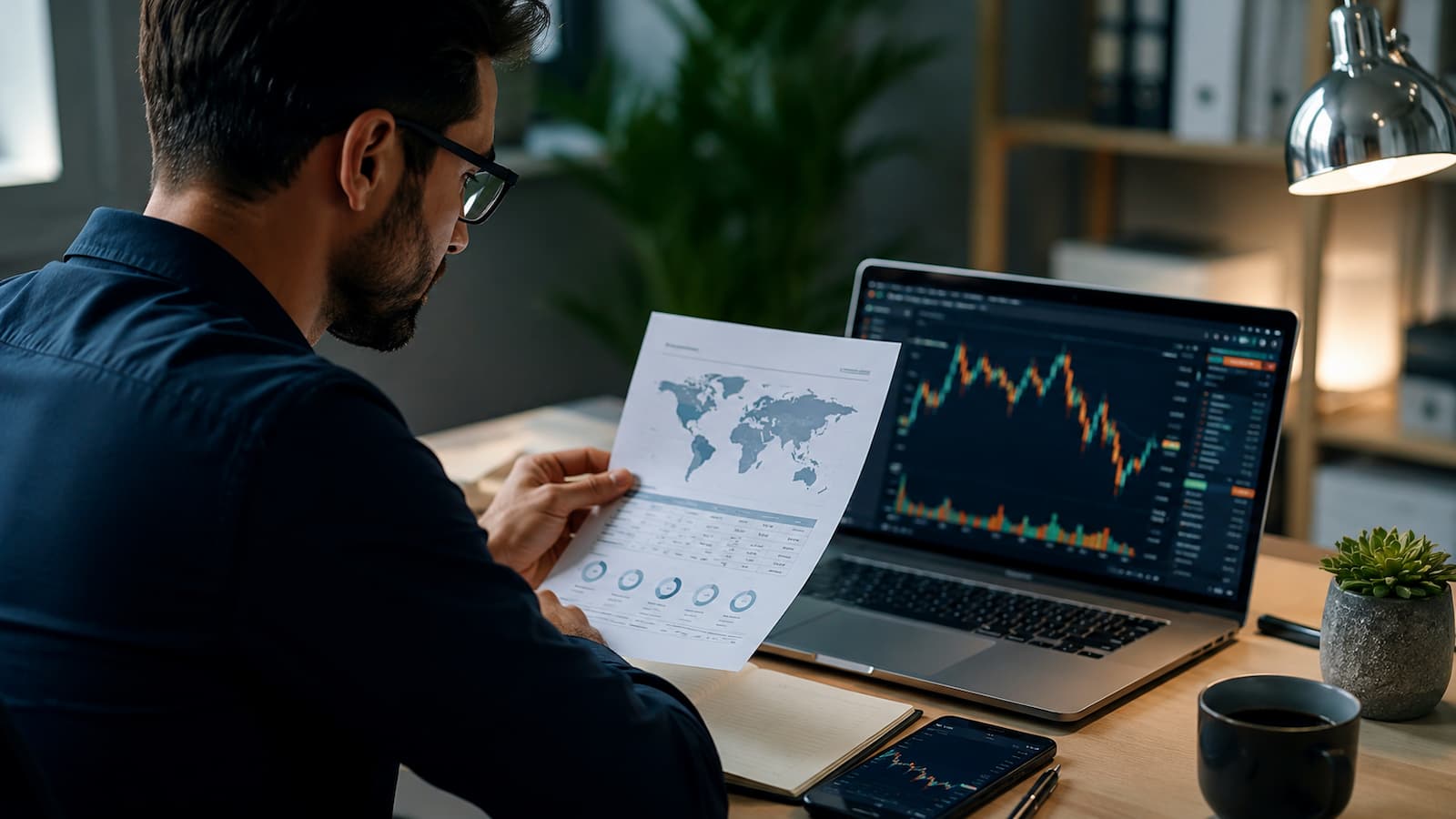 Inversor revisando costes de divisa en una plataforma de inversión