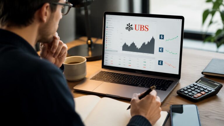 Inversor revisando costes y divisa antes de comprar acciones de UBS.