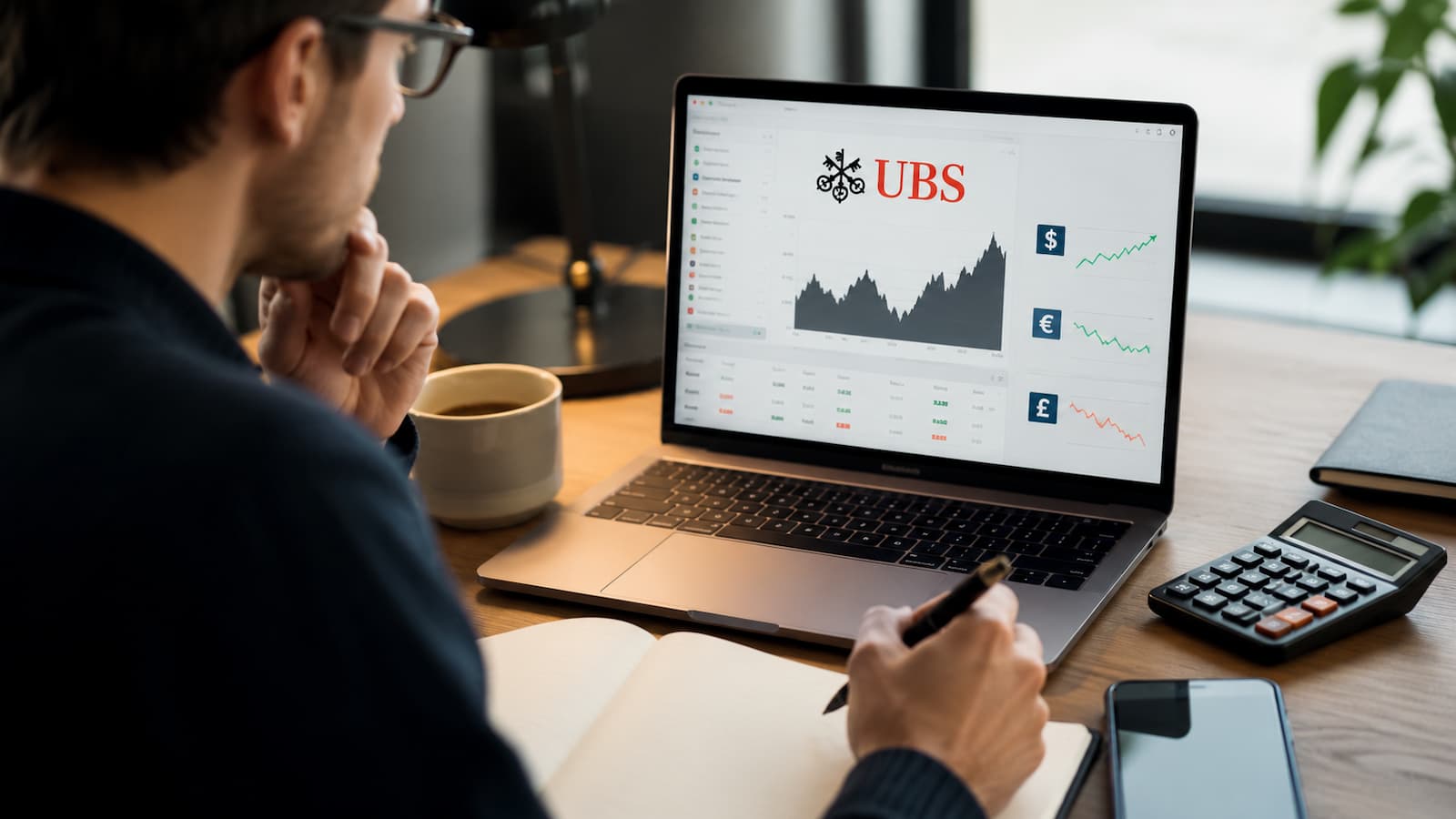 Inversor revisando costes y divisa antes de comprar acciones de UBS.