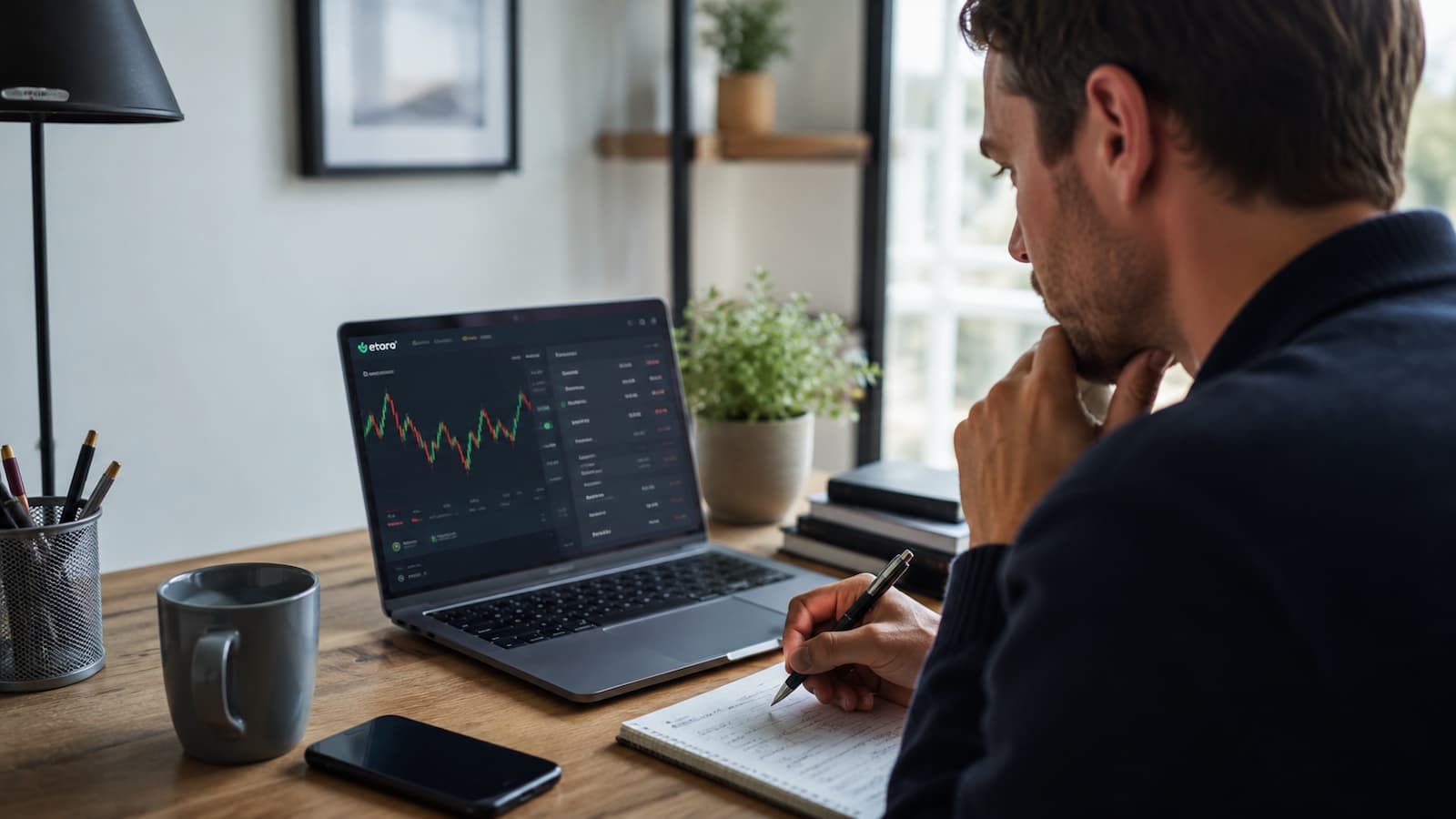 Inversor revisando costes y divisa antes de comprar acciones en eToro