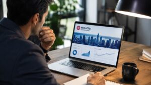Inversor revisando datos de MetroCity Bankshares antes de comprar acciones.