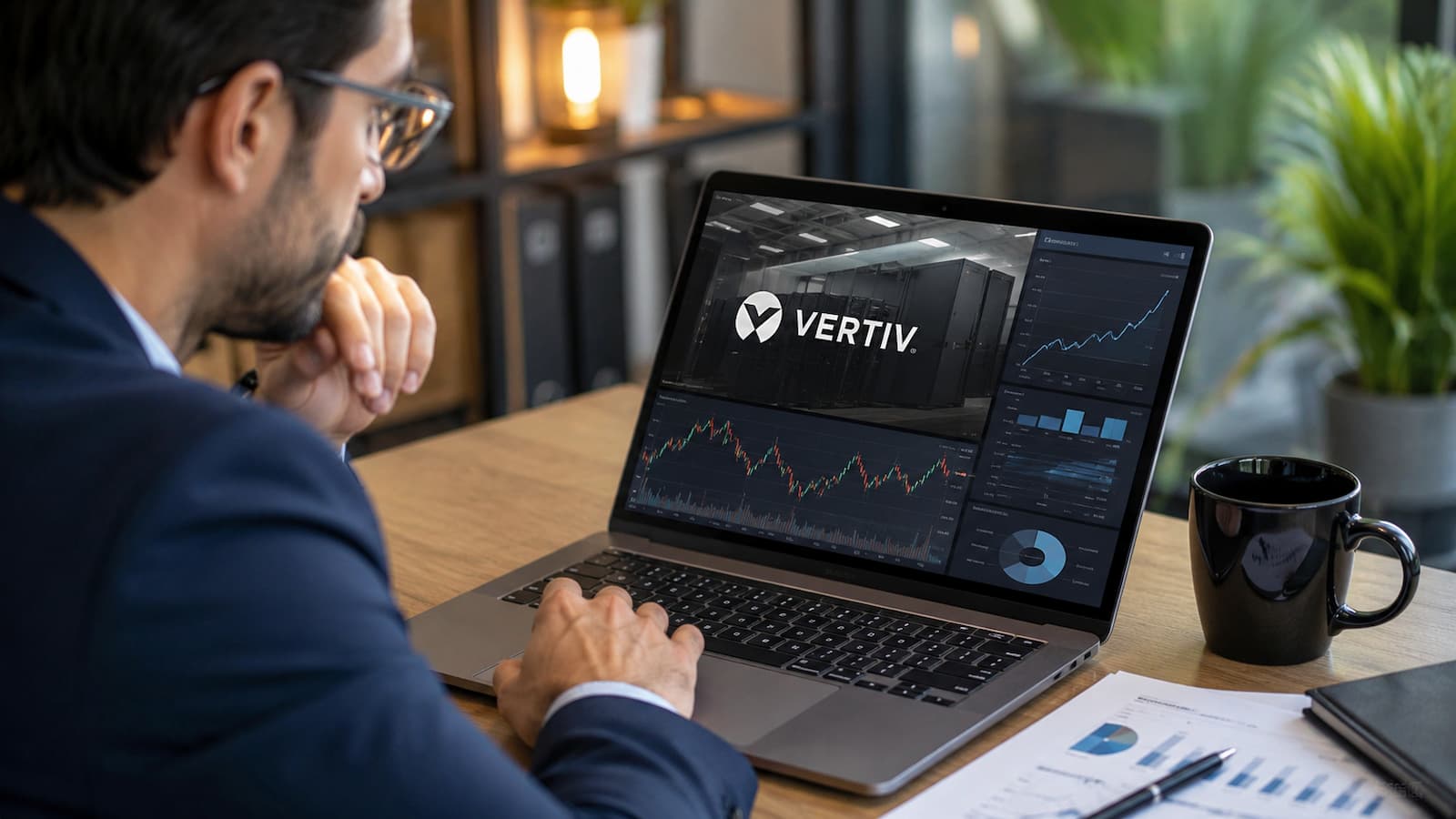 Inversor revisando datos de Vertiv antes de comprar acciones