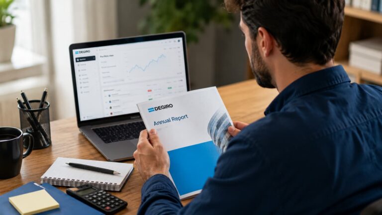 Inversor revisando el informe anual de DEGIRO antes de declarar impuestos