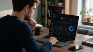 Inversor revisando el préstamo de acciones en una plataforma online