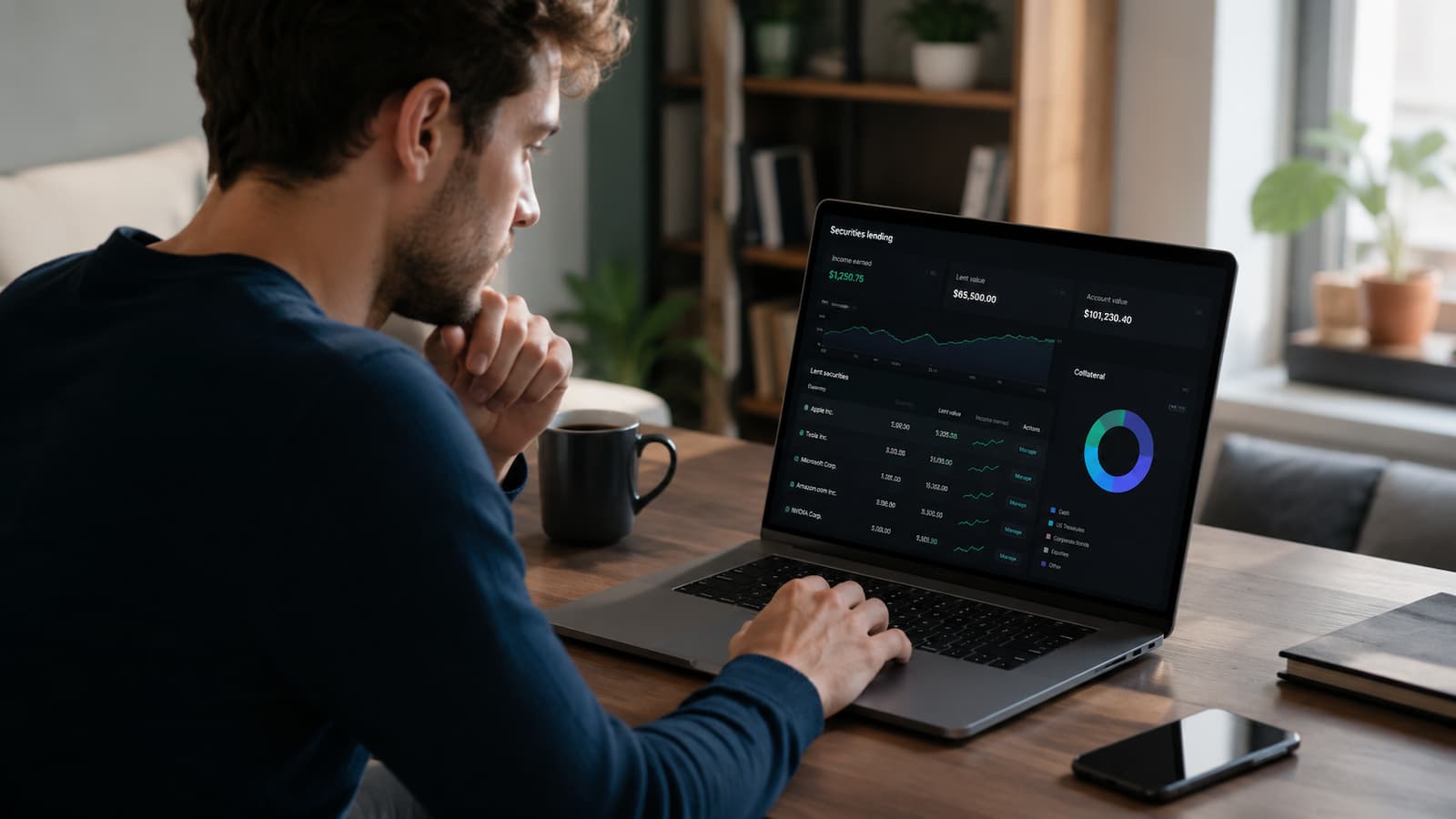 Inversor revisando el préstamo de acciones en una plataforma online