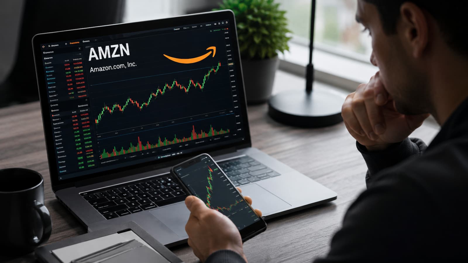 Inversor revisando el ticker AMZN antes de comprar acciones de Amazon.