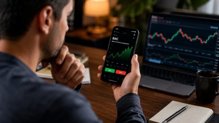 Inversor revisando el ticker BAC antes de comprar acciones.